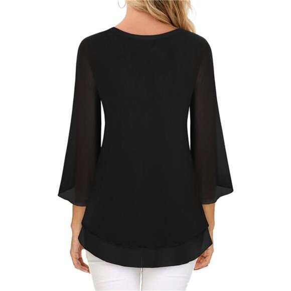 Women's Sleeve Floral Blouse – Double Layer V-Neck Dressy Tunic Top - Picture 4 of 8